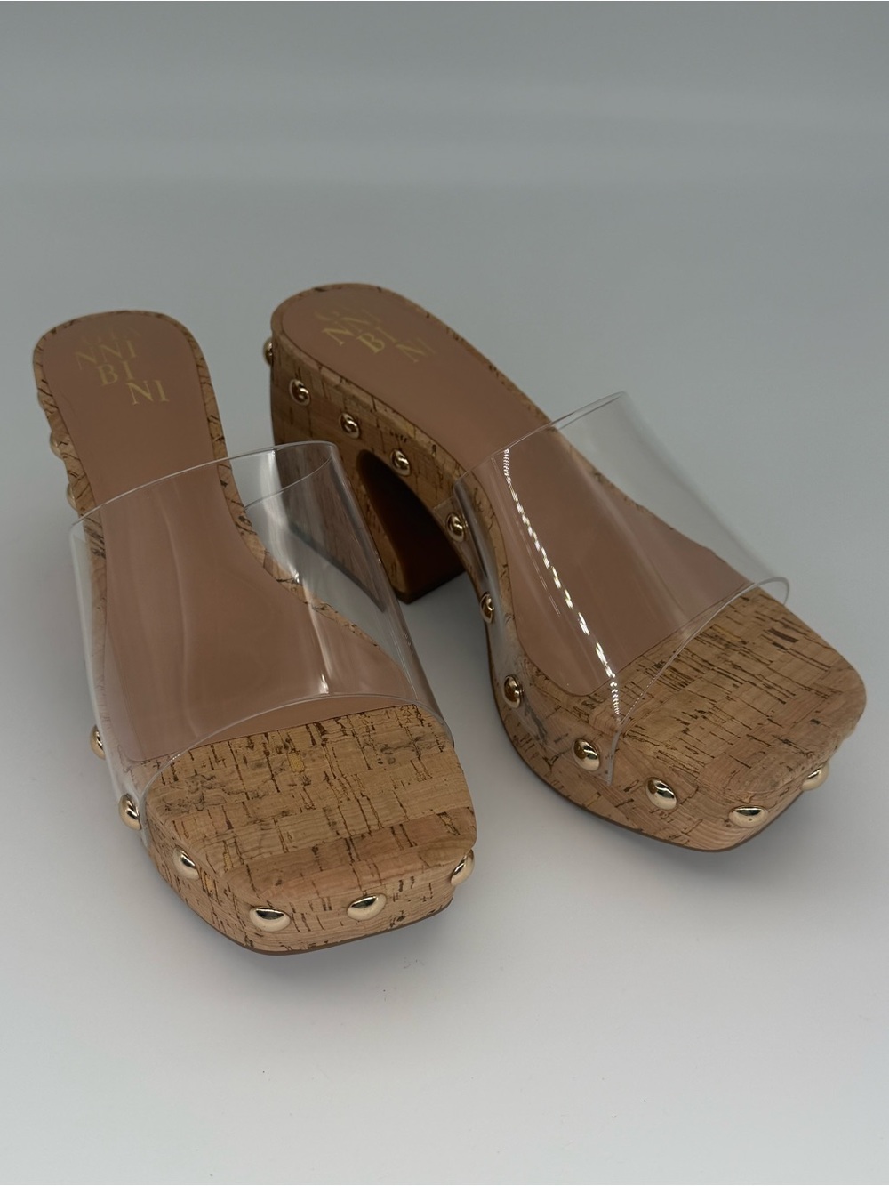 Gianni Bini Clear Strap Cork Studded Platform Mule Sandals Size 9M